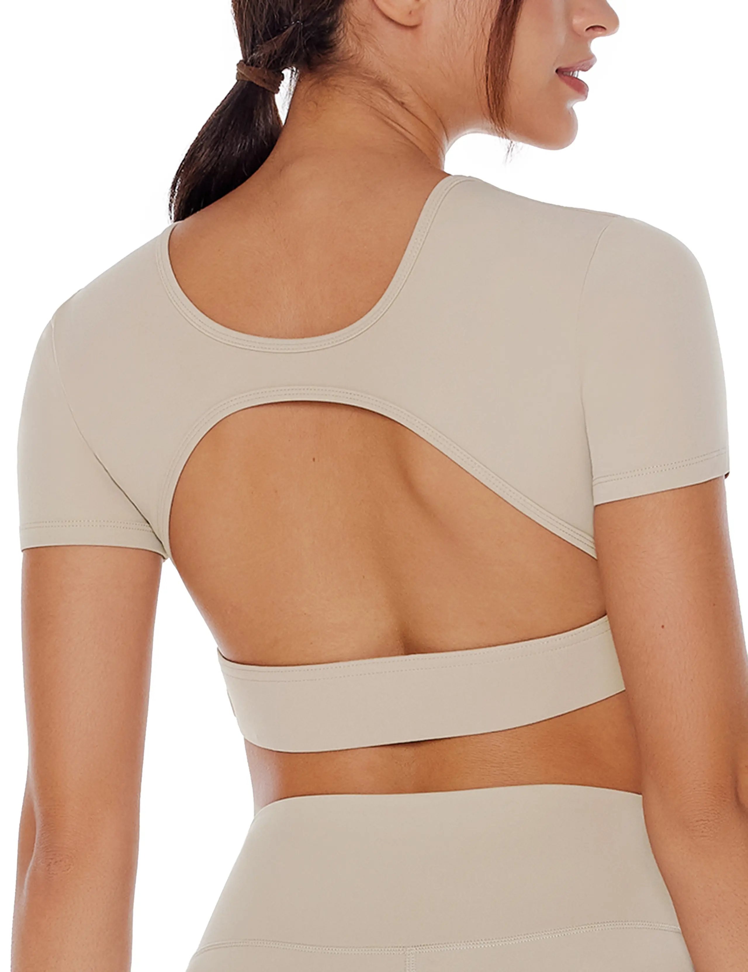 ENERBLOOM Open Back Workout Crop Tops for Women Backless Yoga Shirts Gym Short Sleeve Mild Support Compression Tee with Bra