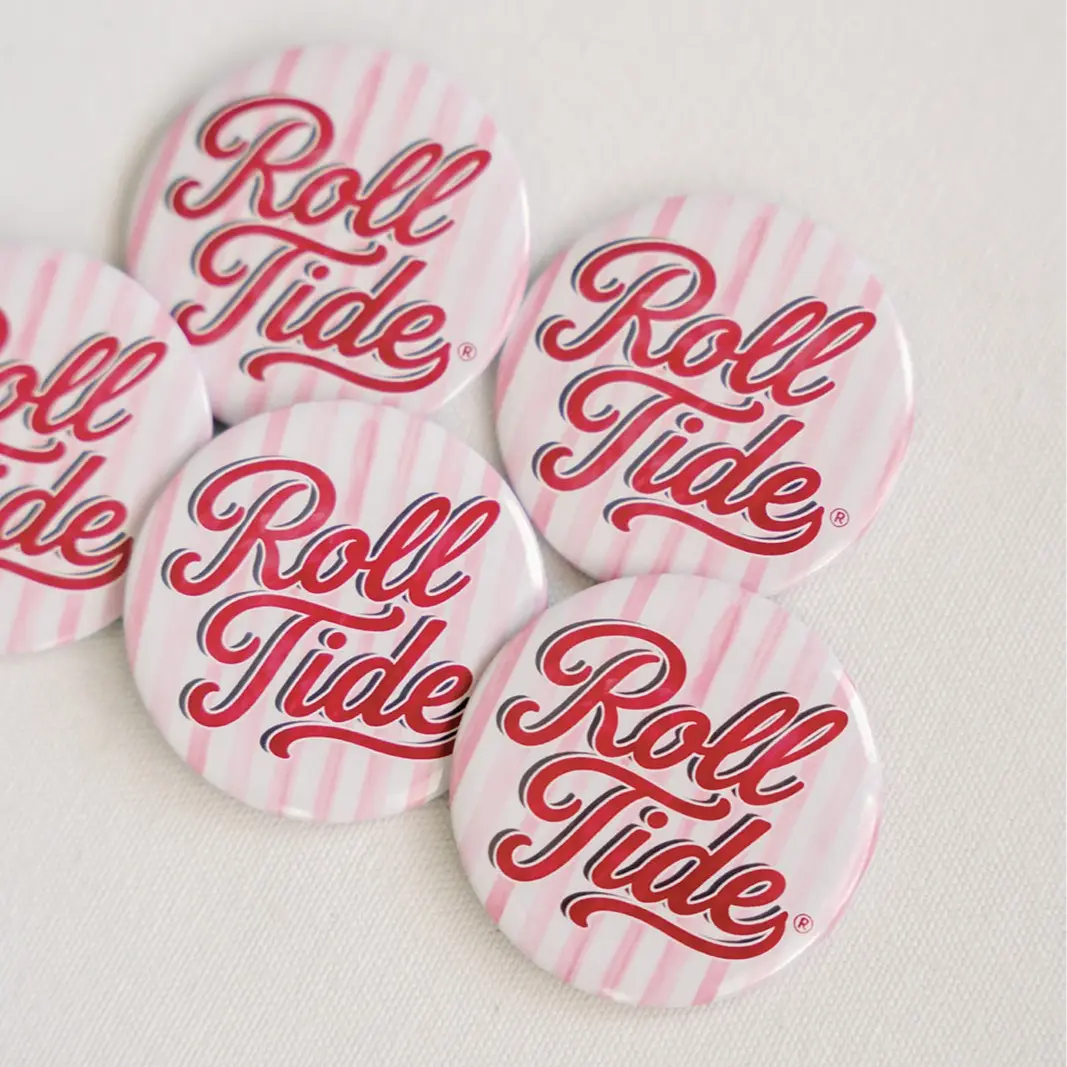 Pink and red striped game day pin back button