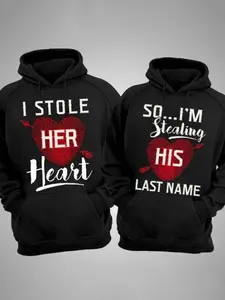 Valentine'S Day Couple Outfit Limited Edition I STOLE HER HEART Printed Couple Hoodie with Kangaroo Pocket And Plush Casual Long Sleeved Hooded Sweatshirt, Suitable for Outdoor Use