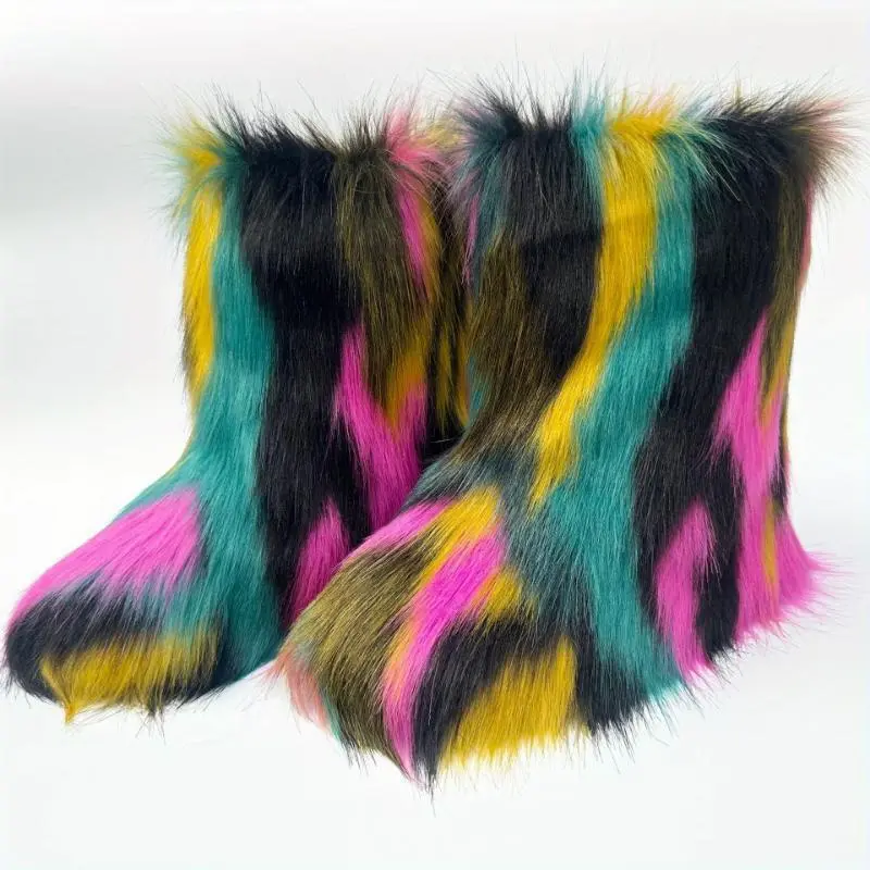 European And American Cute Faux Fur Winter Boots Y2K Harajuku Hot Girl Thickened Large Size Mid-Calf Fur Snow Boots WalkingShoes Women Footwear Bota Flat, Rugged, Lightweight, Soft