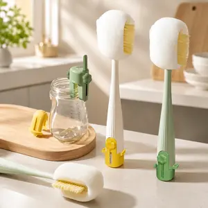 2PCs-5 in 1 Bottle Cleaning Brush Set, Multifunctional Long Handle Scrubber, Hard Bristle Sponge Cleaning Tool for Cup Lids, Kitchen Supplies White & Green