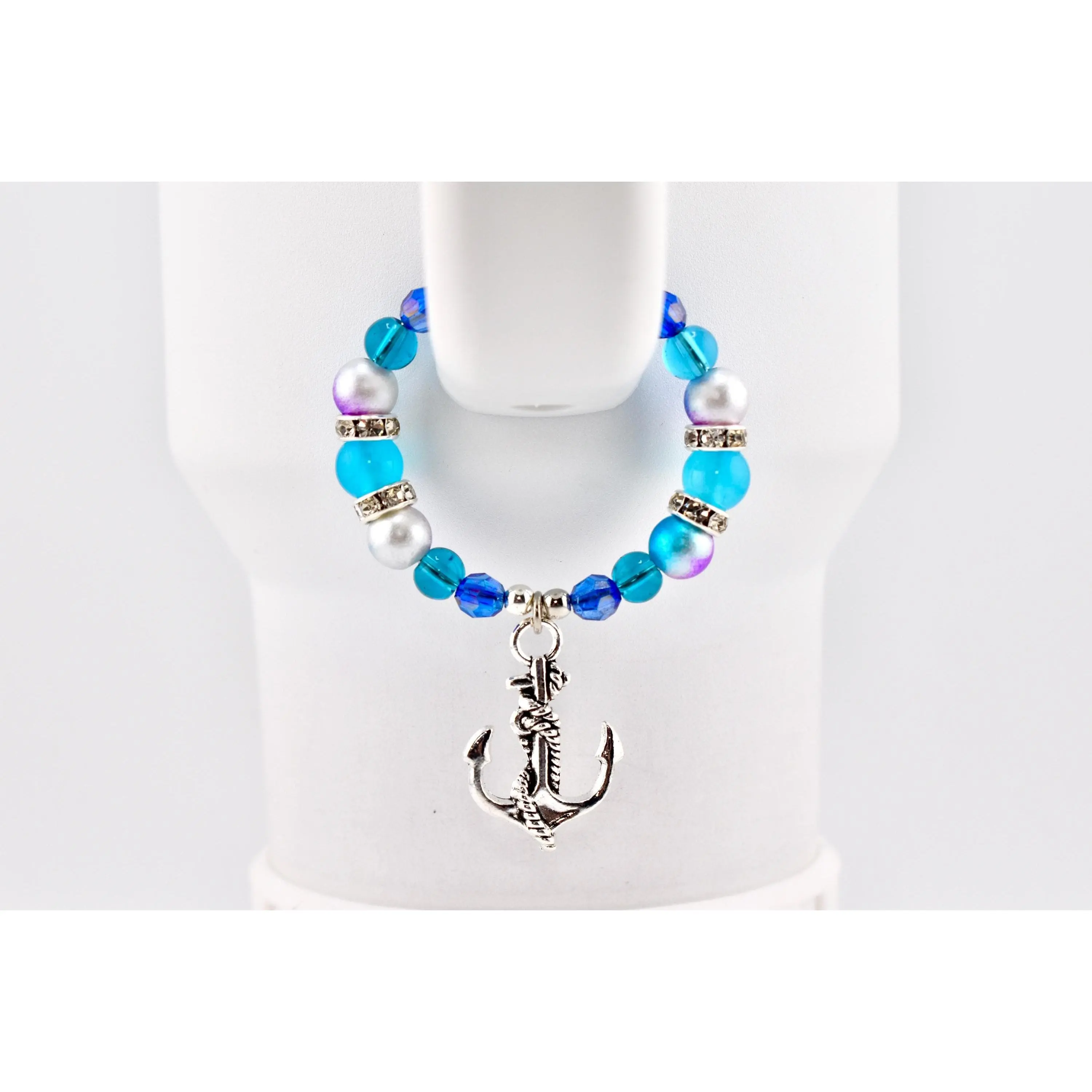 Nautical-Themed Tumbler Handle Clasp Bracelet, Teal Blue with Silver Anchor & Pearl Charms, Gift-Ready, Choking Hazard Small Parts Note