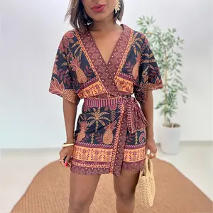 ChicMe Women's Tropical Print Romper V Neck Wrap Knot Side Jumpsuit Half Sleeve Beach Vacation Summer Skorts Romper