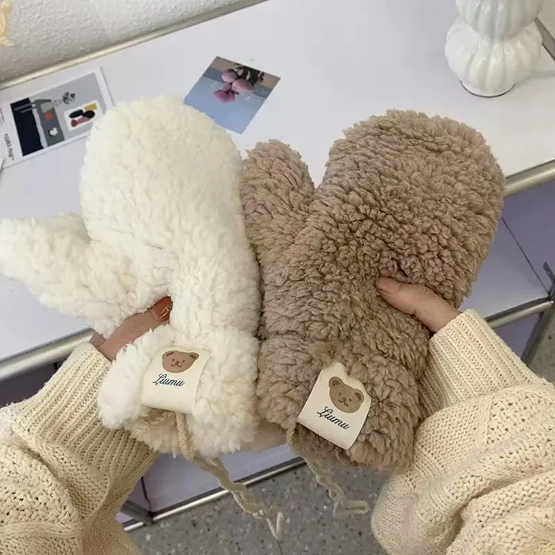 Women's Winter Fleece Gloves, Cute Bear Design, Warm & Thickened, Ideal Christmas Gift, Perfect for Cycling & Outdoor Activities, Hand Cover