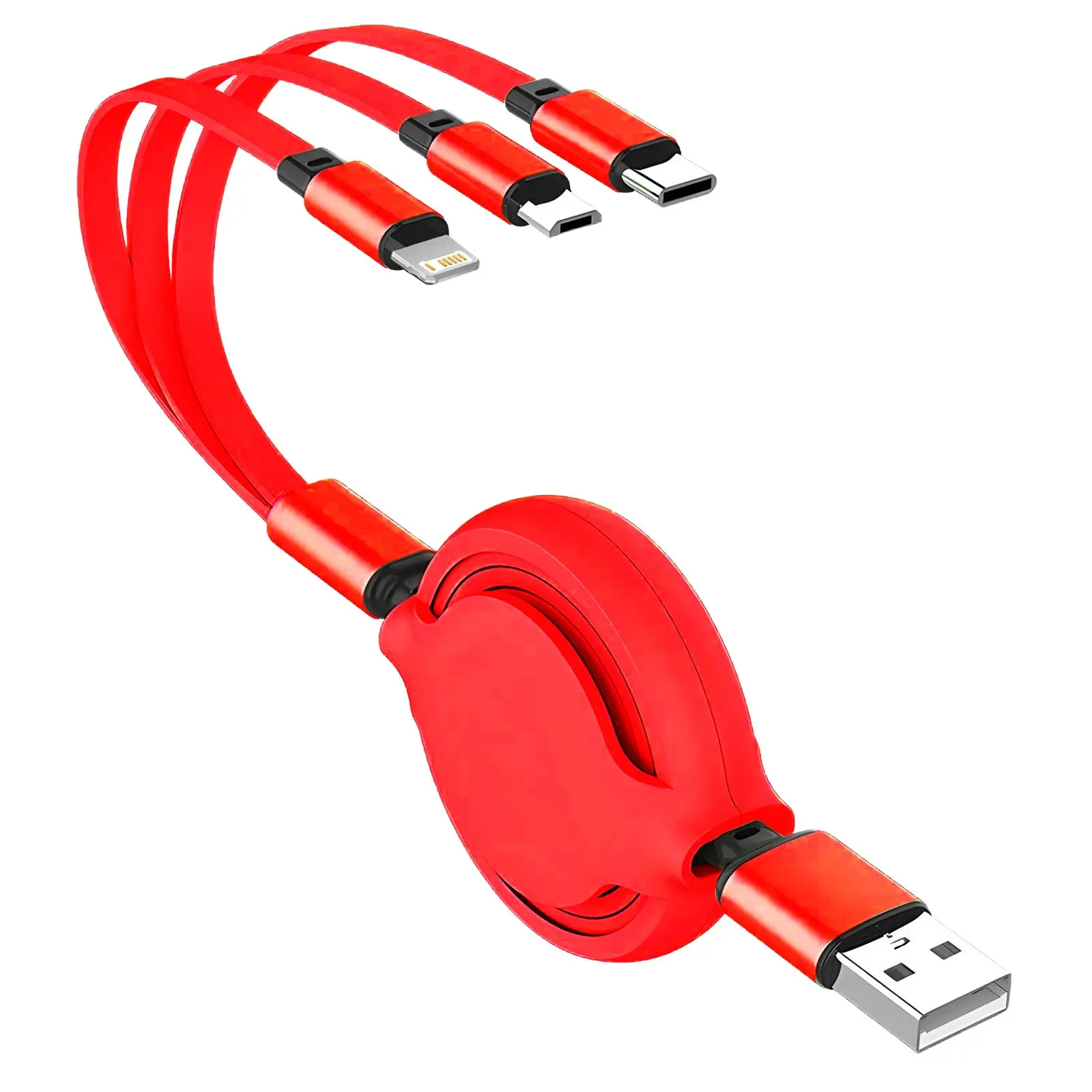 Stretchable Storage 1-To-3 Phone Charging Cable, Anti-Tangle Portable USB Charging USB to Type-C/IOS Connector/micro Interface Data Line, Max Stretch Length 1 Meter, Smartphone, Multifunctional Charging Cable