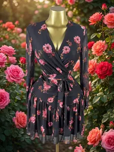 QFAF Elegant Black Floral Wrap Dress with Bell Sleeves | Romantic Pink Flower Print | Ruffled Skirt Design | Perfect for Spring, Valentine's Day & Date Nights | Flirty and Feminine Style | Trendy Dress for Women | Must-Have for 2025 Fashion Collection