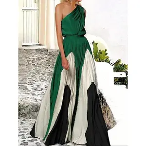 Women's Colorblock  One Shoulder Dress, Elegant  Long Dress for Party Holiday Wedding Guest, Ladies Clothes for All Seasons