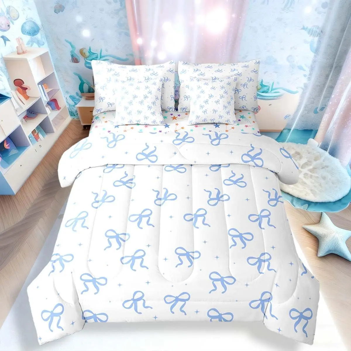 Feelyou Teen Girls' 7-Piece Multi-Size Blue Bow Bed Comforter Set - Ultra Soft, Breathable Quilt, Flat Bedsheet, Fitted Bedsheet, Preppy Modern Coquette Bedding Bundle, Bedsheets