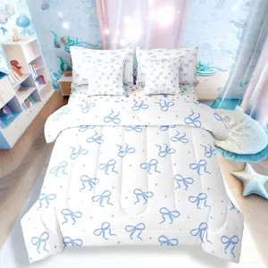 Blue Bow Comforter Bed Set,Teen Girl Cute Bow Bedding Set with Sheets,Girly Trendy Bows Bed Bag with Flat and Fitted Sheets,Preppy Modern Coquette Bed Set