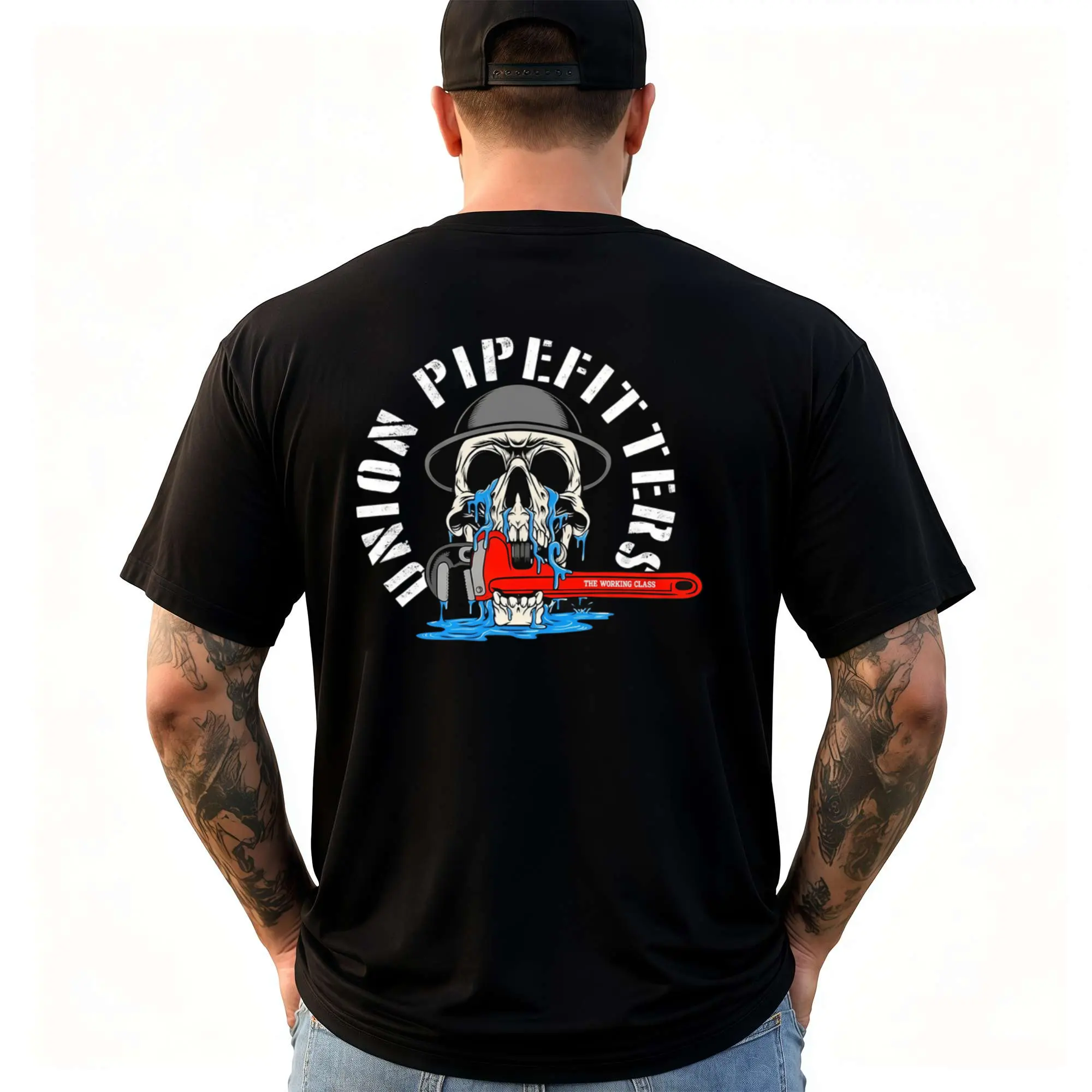 Men's Proud Union Pipefitter T-Shirt, Casual Shortsleeve Round Neck Graphic Tee for Blue Collar Plumbers & Construction Workwear, Badge