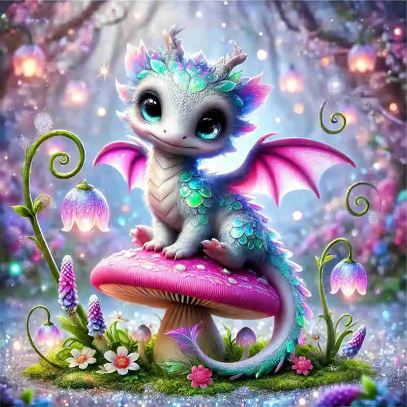 Cute Fantasy Baby Dragon Mushroom Forest 5D Full Drill Diamond Painting Kit Enchanting Design with Shimmering Glitter and Floral Accents Whimsical Mythical Art Style DIY Art For Home Wall Decor Ideal Gift For Dragon Lover And Craft Enthusiasts