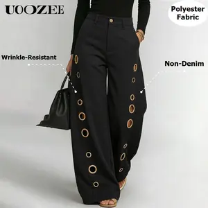 UOOZEE Women's 2026 New High-Waist Gold Grommet Eyelet Wide-Leg Non-Denim Pants - Polyester-Spandex-Silk Satin Fabric, Button-Accented, Street Style, Pockets, Minimalist Suit Trousers, Flattering Fit, Statement Workwear (Size Up for Curvy Hips)