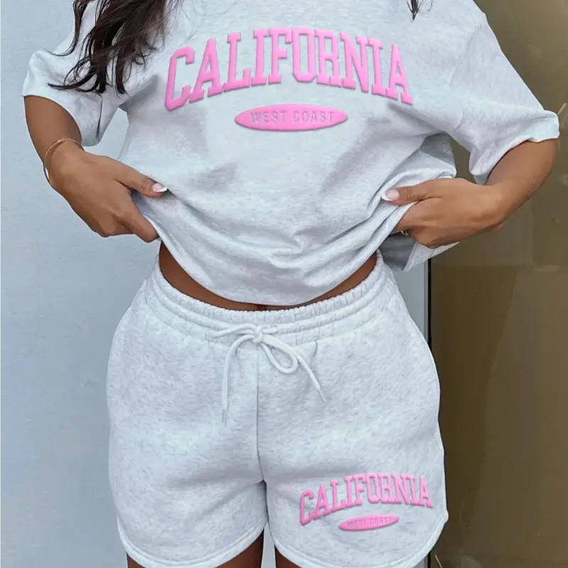 Women's Letter Print Tee & Drawstring Waist Shorts Set, Cozy T-shirt & Shorts for Daily Outdoor Wear, Ladies Summer Clothes, Suits, Fashion Shorts Set