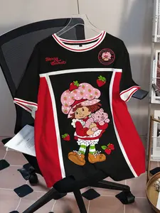 Strawberry Shortcake Women's Plus-Size Colorblock Cartoon Character Print Crew Neck Breathable Chic Comfortable Short-Sleeve Everyday Casual Summer T-Shirt, Shortsleeve, Lightweight