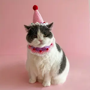 Soft Knitted Cat and Dog Birthday Party Hats, Adjustable Rope Closure, Colorful Confetti and Pom Poms, Cute Pet Clothing for Small Pets
