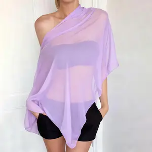 Women Coquette Sexy Sheer Poncho Shawl Asymmetrical Off Shoulder Mesh Flowy Tops Beach Vacation Loose T-shirts Tees Cover-Ups
