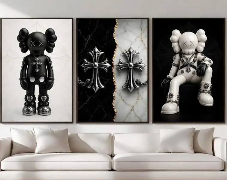 Chrome Hearts Kaws Poster Set of 3, Black White Hypebeast Decor Wall Art, Gothic Luxury Decor, Black White Chrome Hearts, Dark Fashion Decor The Regular Snob