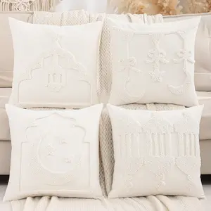 1Pc Ramadan Pillow Cover New Moon Star Lantern Embroidered Canvas, Islamic Muslim Living Room Sofa Decoration, Modern Style Gift
