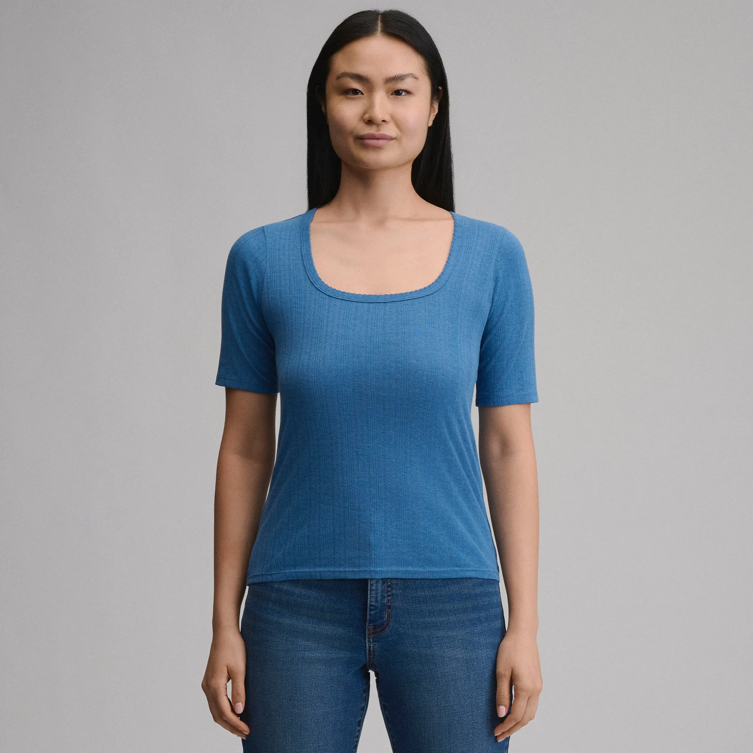 Women's Short-Sleeve Pointelle Square-Neck Crew
