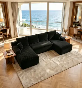 MBS 131" U-Shaped Cloud Corduroy Sectional Couch Set - No-Assembly Indoor Living Room Furniture with Memory Foam, Footstool, Oversized Chaise Lounge, Storage, Modular Bean Bag-Inspired Design sofa seat back support fabric plush