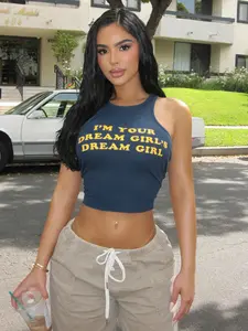 Women's Solid Color Letter Print Sleeveless Fitted Crop Top, Featuring Casual Letter Printed Design, Ideal For Daily Wear, Womenswear