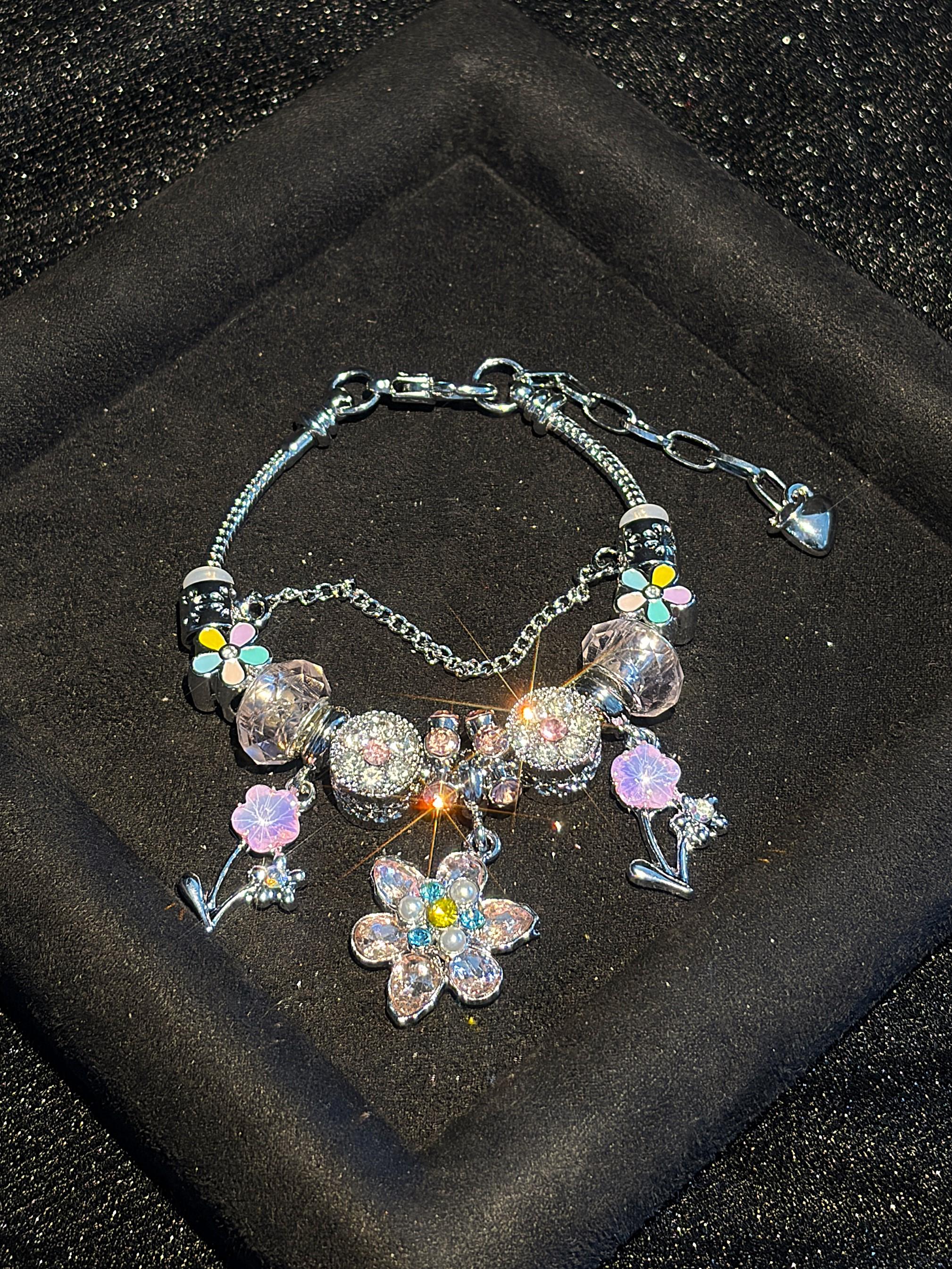 Women's Silver-Tone Snake Chain Charm Bracelet - Colorful Rhinestone Floral Dangle Charms, Crystal Beaded Costume Jewelry Gift for Teen Girls Women's Silver-Tone Snake Chain Charm Bracelet - Colorful Rhinestone Floral Dangle Charms, Crystal Beaded Costume Jewelry Gift for Teen Girls