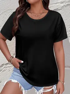 Plus Size Women'S Elegant Casual Short Sleeve T-Shirt- Soft Round Neck Machine Washable, All-Season Comfort For Casual Attire, Ladies T Shirts, Versatile Fashion, Simple Elegance, Nontransparent Fabric
