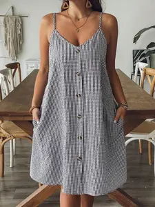 Plus Size Leopard Print Camisole Dress Sleeveless Spaghetti Strap Casual Summer Vacation Outfit Brown Gingham Sundress - Fabric