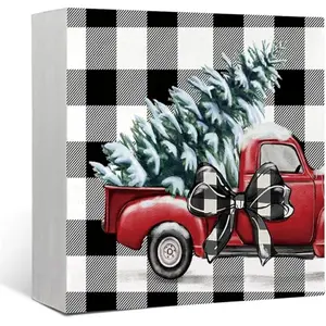 Christmas Decor，Red Truck Christmas Wooden Box Signs，Buffalo Plaid Christmas Decorations，Christmas Decor for Home Office Bedroom Fireplace Car，Tiered Tray Decor，Christmas Gifts for Women 5x5 inch