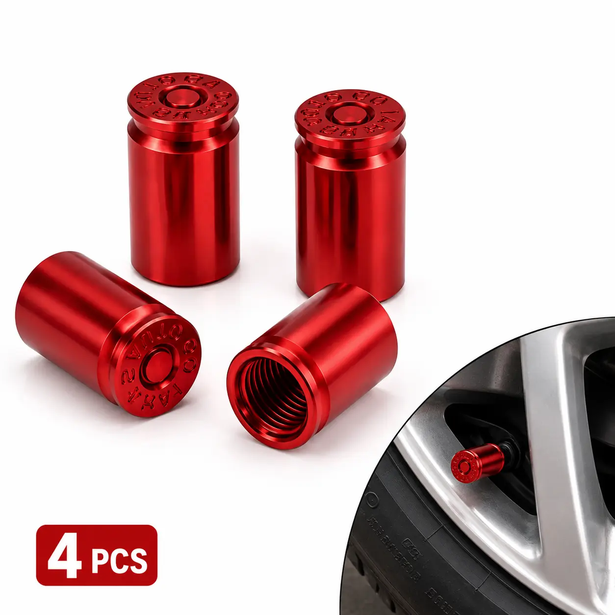 4 Bullet Shell Tire Valve Stem Caps, Rust-Resist Alloy 16.5mm Metallic Dustproof Covers, Easy-Install Auto Accessories for Trucks, Protects Valve Area, Universal for Cars/SUVs/Bikes