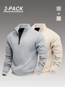Men's Classic 2-Piece Solid Color Half-Zip Sportswear, Fitted Casual Athletic Hoodie Sweatshirt, Fall & Winter Fashion, Plain Pattern