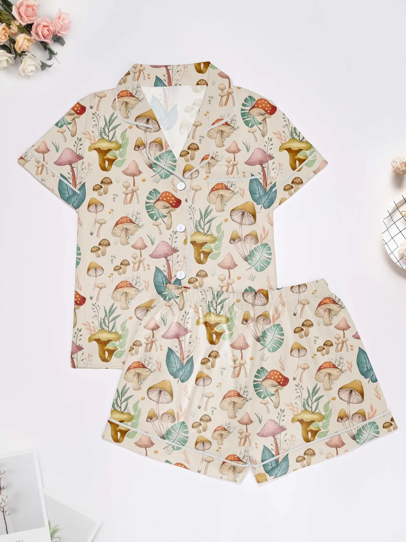 Women's Mushroom Print Pajama Set Pjs Womenswear, Comfortable Outdoor Home Wear Loungewear Nightwear, All-Season Fitted Casual Style, Short Sleeve Top & Elastic Shorts