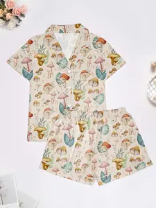 Women's Mushroom Print Pajama Set, Comfortable Outdoor Home Wear Loungewear, All-Season Fitted Casual Style, Short Sleeve & Elastic Shorts