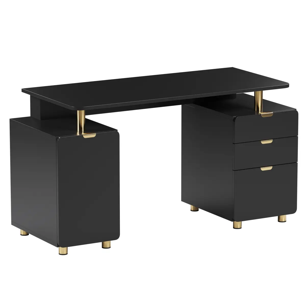 Techni Mobili RTA-4991D-BK Modern Executive Computer Armoire - 56.75"w x23.5"d x29.75"h Durable 3-Drawer Office Cabinet with Adjustable Shelf, CPU Cooling Vent, Executive Desk, Gold Accents, Black & Gold, Drawers