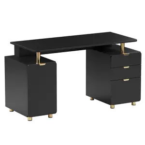 Techni Mobili RTA-4991D-BK 29.75 in. Elegant Executive 3 Drawers Cabinet Adjustable Shelf & Ventilation Desk & Gold Accents, Black & Gold