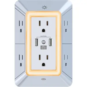 USB Wall Charger, Surge Protector,  6-Outlet Extender with 3 USB  Ports (1 USB C) and Night Light, 3-Sided Power Strip with Adapter Spaced Outlets - White,ETL Listed, Gray