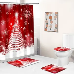 Christmas Bathroom Set with Multifunctional Decorative Curtain, Hooks, Bath Mat & Toilet Lid Cover, Festive Holiday Home Decoration