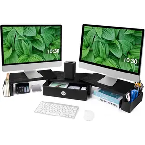 Dual  Stand Riser w/ Drawer & Metal , Large Computer  Riser w/ Storage For 2 Monitors, Desk Shelf For  w/ Adjustable Length & Angle, Desktop Organizer For Laptop/TV/Printer