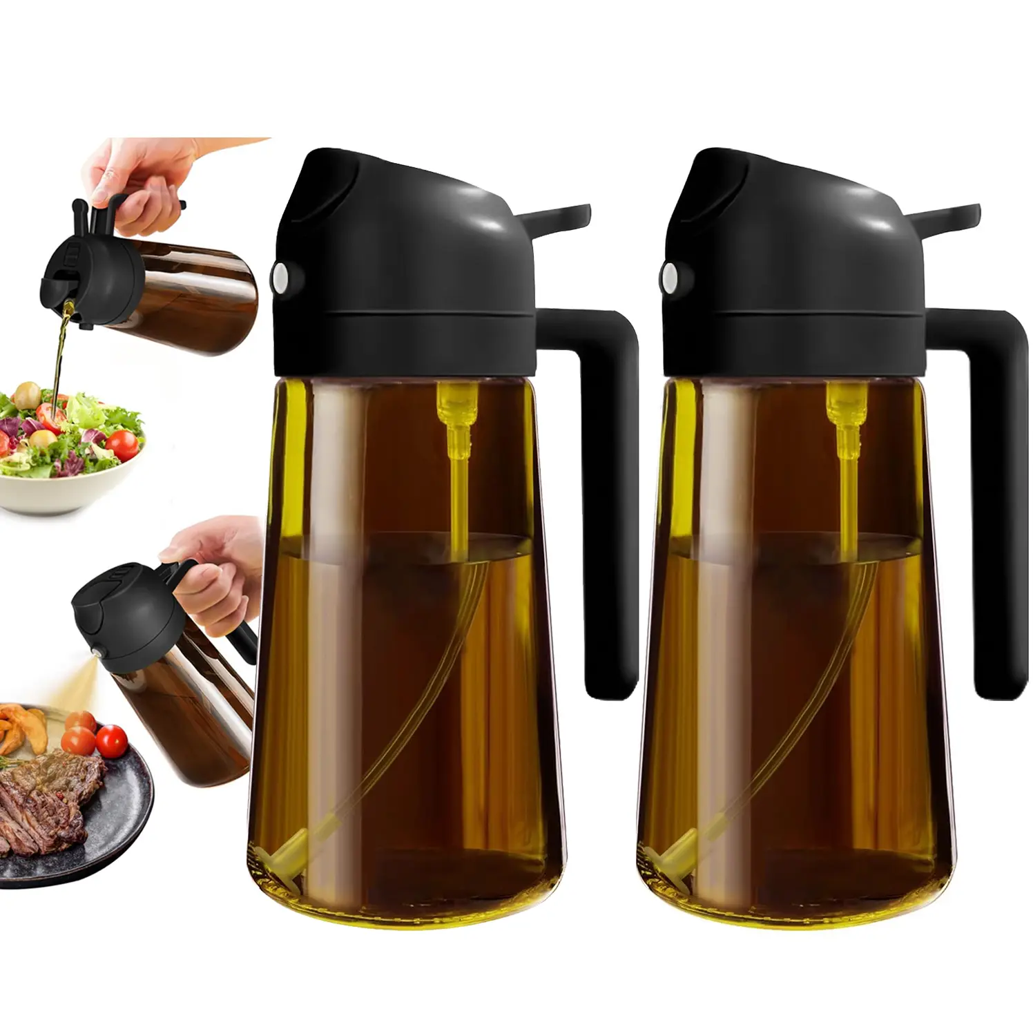 2 Count 2-in-1 oil sprayers, olive oil dispenser, bottles, kitchen utensils for cooking, baking, air fryers, salads, and barbecues - 16 ounces /470 milliliters, kitchen essentials Organiser