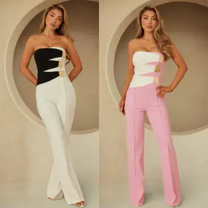 STRAPLESS JUMPSUIT - UNEVEN SHAPE PATTERN WRAP - THREE FLAT METALLIC STONE - ZIPPER ON THE BACK