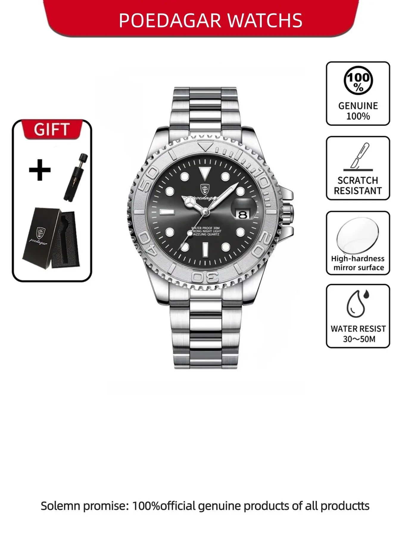 POEDAGAR Luxury Men's Watch - Waterproof, Glow-in-the-Dark Date Display, Stainless Steel Sporty Fashion Quartz Watch for Men