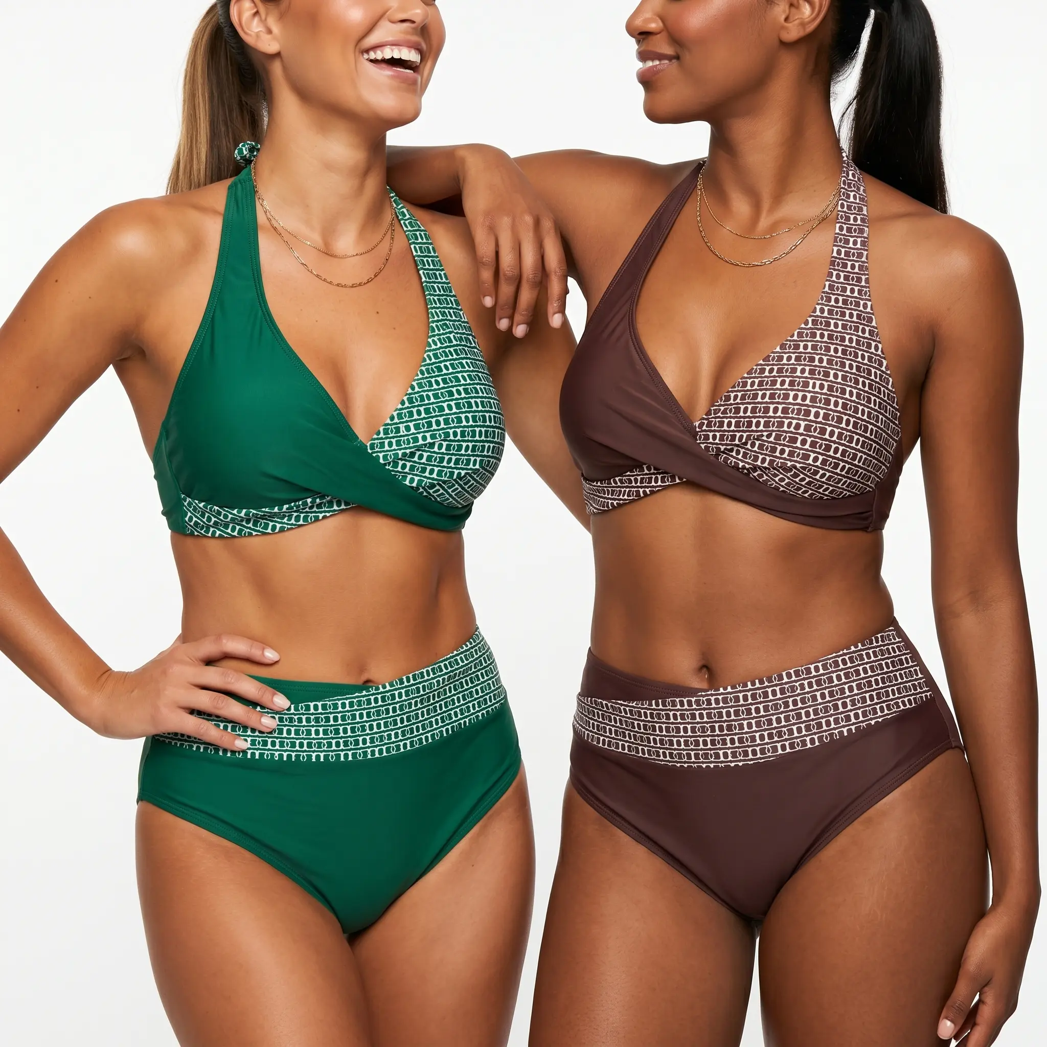 Women's Two Piece Bikini Set Wrap Halter Top High Waisted Color Block Swimsuit for Beach Pool Vacation