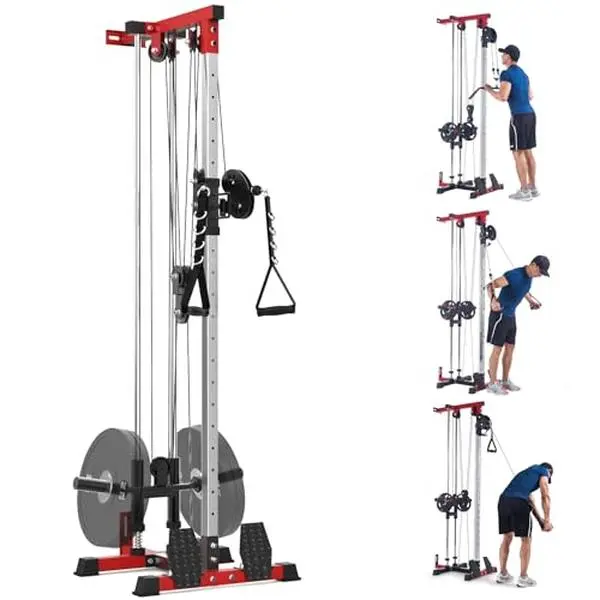 【GARVEE】Wall Mount Cable Machine, LAT Pulldown Machine with Adjustable Pulley System for Home Gym, Cable Crossover Machine with 20 Positions, Weight Pulley System, Cable Towel, Red