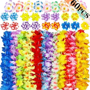 60PCS Hawaiian Luau Leis Party Decorations Supplies Set Tropical Tiki Flowers Necklaces + Bracelets + Hair Clips Bulk Summer Pool Birthday Decor Favors