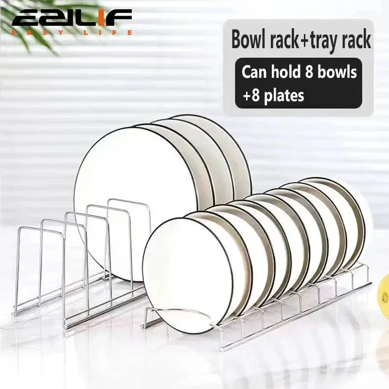 Stainless Steel Plate and Bowl Storage Organizer, Desktop Drying Rack, Kitchen Storage Shelf, Bowl and Plate Holder, Countertop Dish Rack