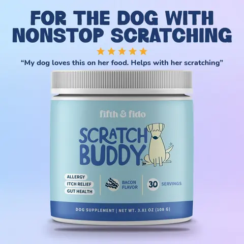Fifth and Fido Scratch Buddy Dog Itch Relief Allergy Skin Support Bacon Food Topper Powder Quercetin Probiotic Dog Itchy Skin Coat Supplement Made in USA