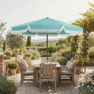 10FT Outdoor Patio Umbrella with Crank, Push Button Tilt, 8 Fiberglass Ribs, 1.5" Steel Pole, Large Tassel Canopy for Sun Shade, Beach, Pool