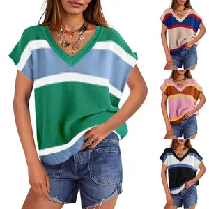 FMEYOA Womens Cap Sleeve Sweater Vest Top Summer Color Block Loose Knit Going Out Shirts