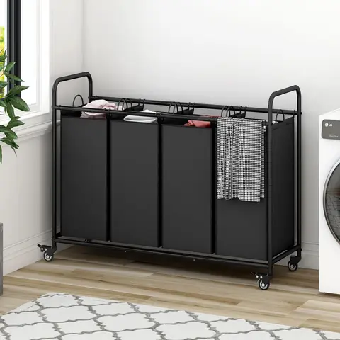 SUOERNUO Classic 4-Bag Laundry Basket Sorter Cart - Home Goods Laundry Basket on Wheels with 4 Removable Bags Simplify Sorting, 4bag Sort Grid, Lockable Rollers, Oxford Fabric, Metal Handles, Reinforced Pipes for Home, Balcony Storage