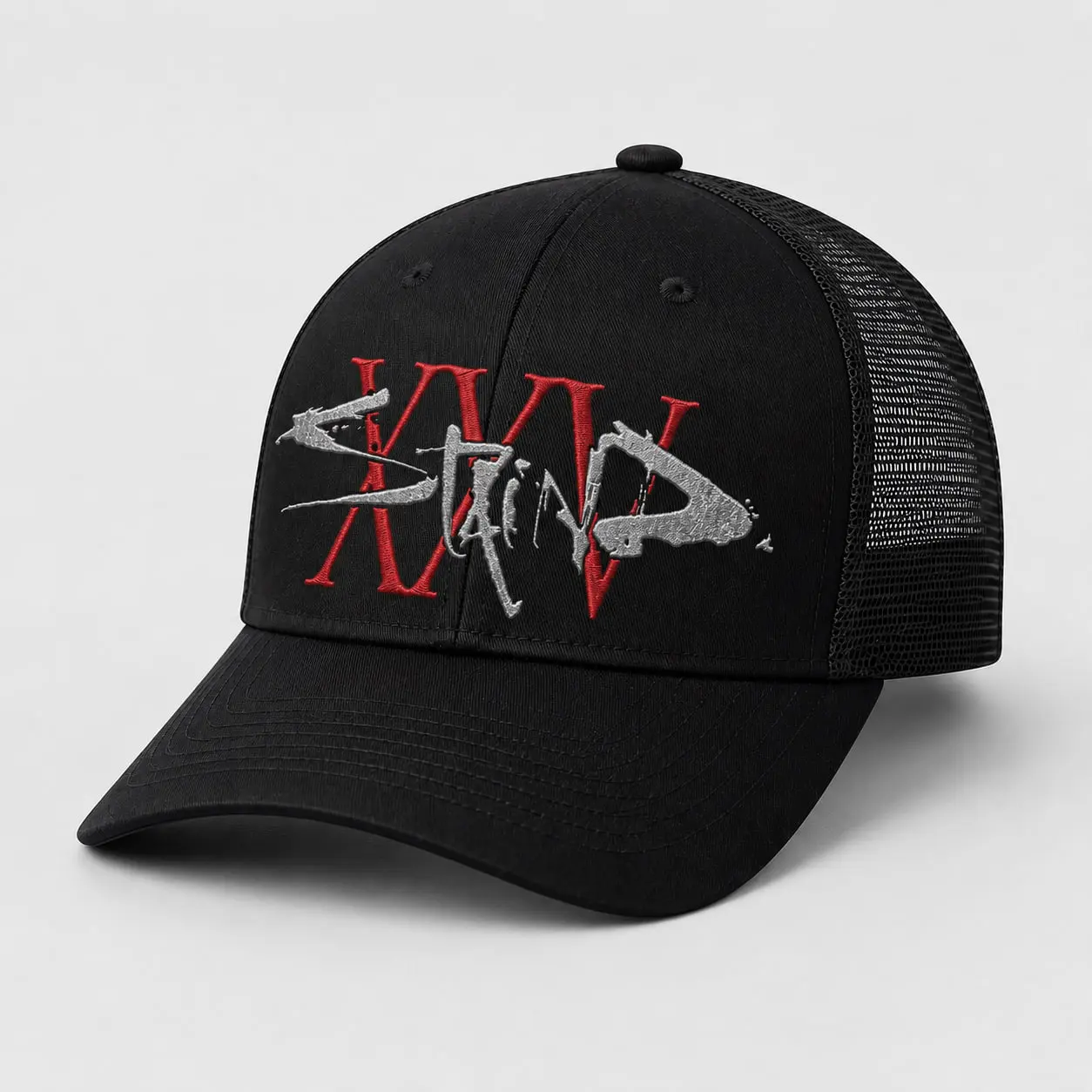 Black Gothic Embroidered Trucker Cap, Mesh Snapback Hat, Red Silver Metal Logo Baseball Cap, Streetwear Gift